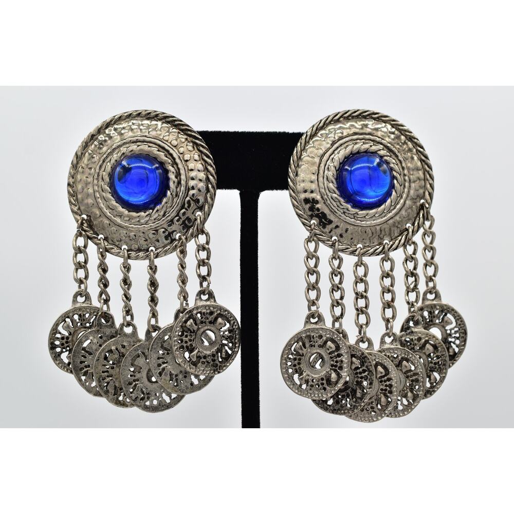 Vintage Coin Dangle Earrings Blue Lucite Cabochon Chunky Silver Tone 1980s BinBF